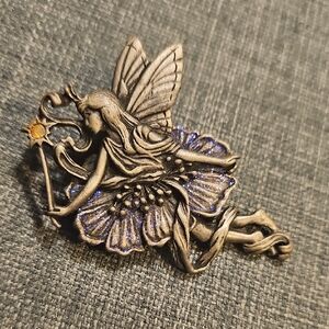 Vintage SIGNED JJ Jonette Pewter Fairy Brooch with Blue Accents Rhinestone Star